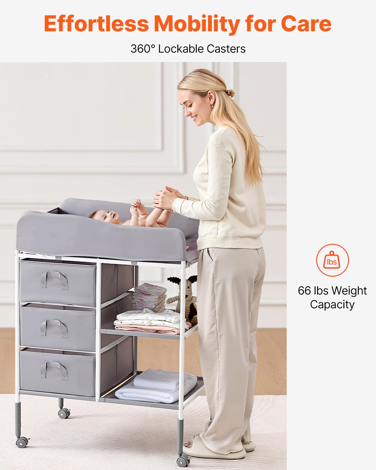 Adjustable Height Baby Changing Table with 3 Fabric Drawers T473
