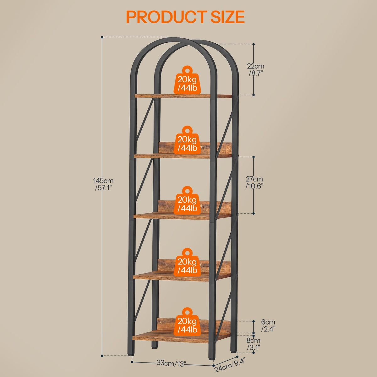 5-Tier Arched Bookshelf with Metal Frame W81401