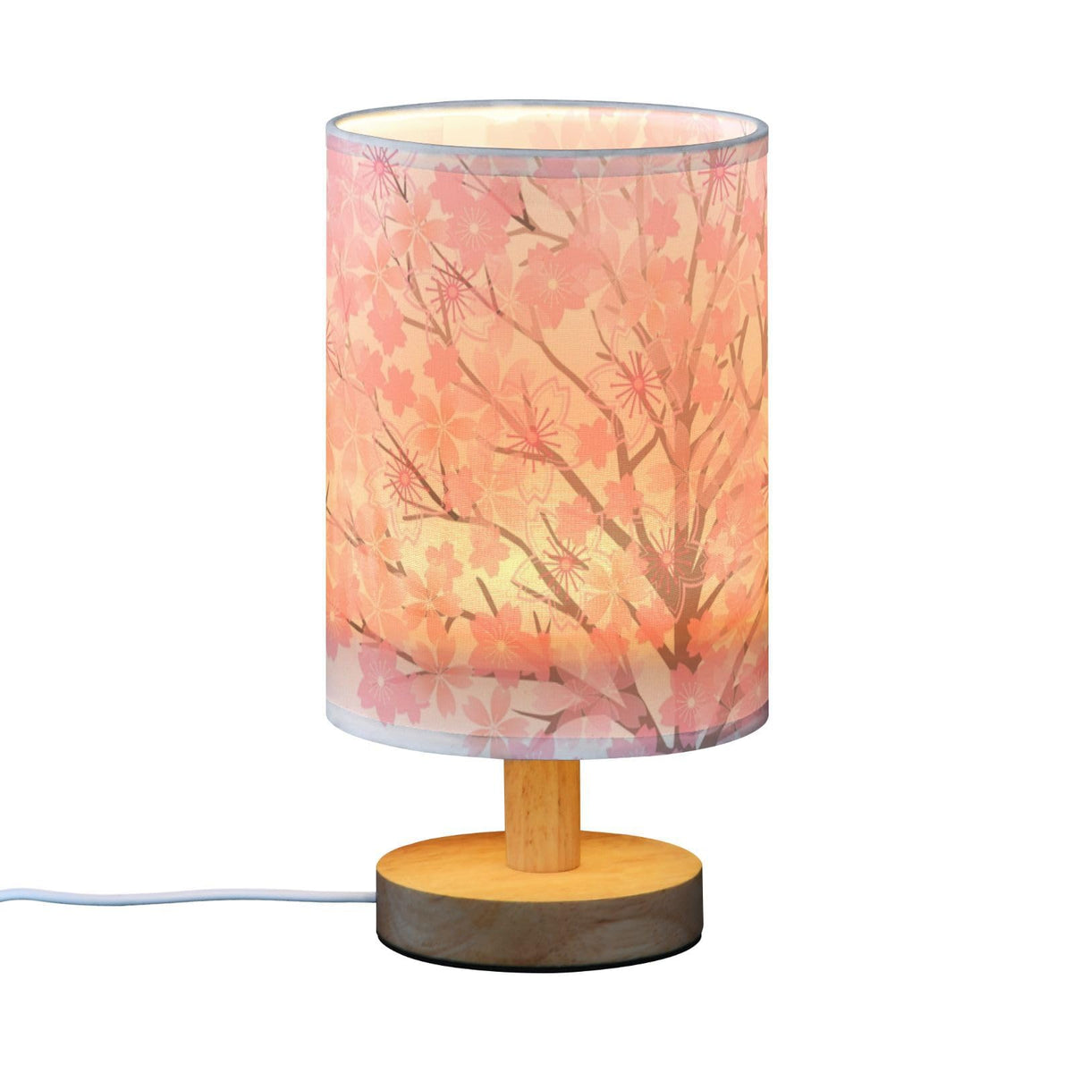 Pink Cherry Blossom Table Lamp with Wood Base Fabric Shade M52060