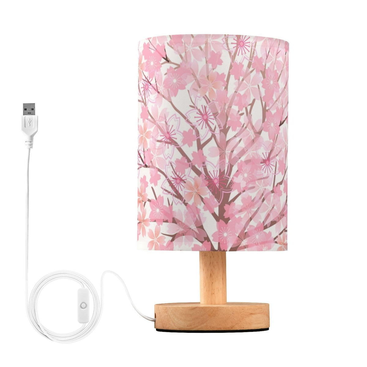 Pink Cherry Blossom Table Lamp with Wood Base Fabric Shade M52060
