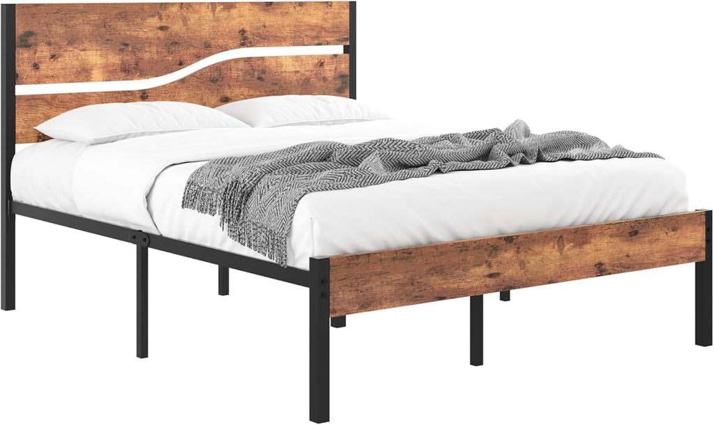 Full Size Metal Platform Bed with Wooden Headboard and Footboard S211