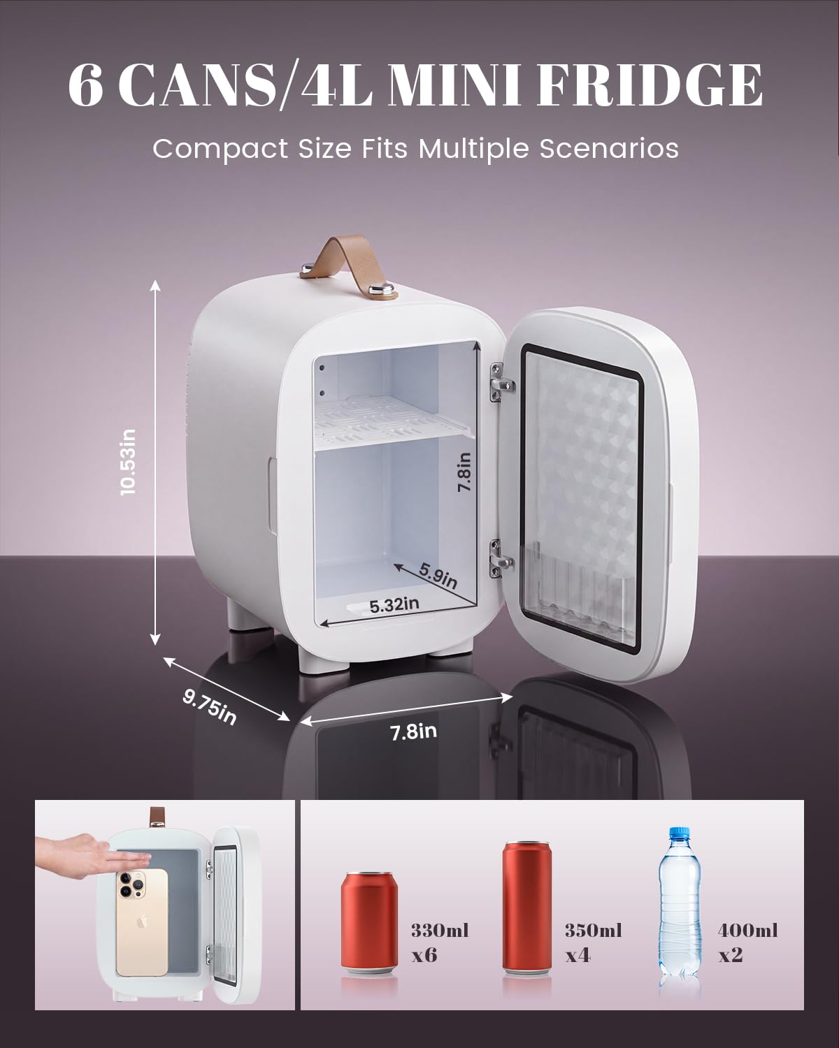 4 Liter 6 Can Portable Mini Fridge with LED Mirror W2233