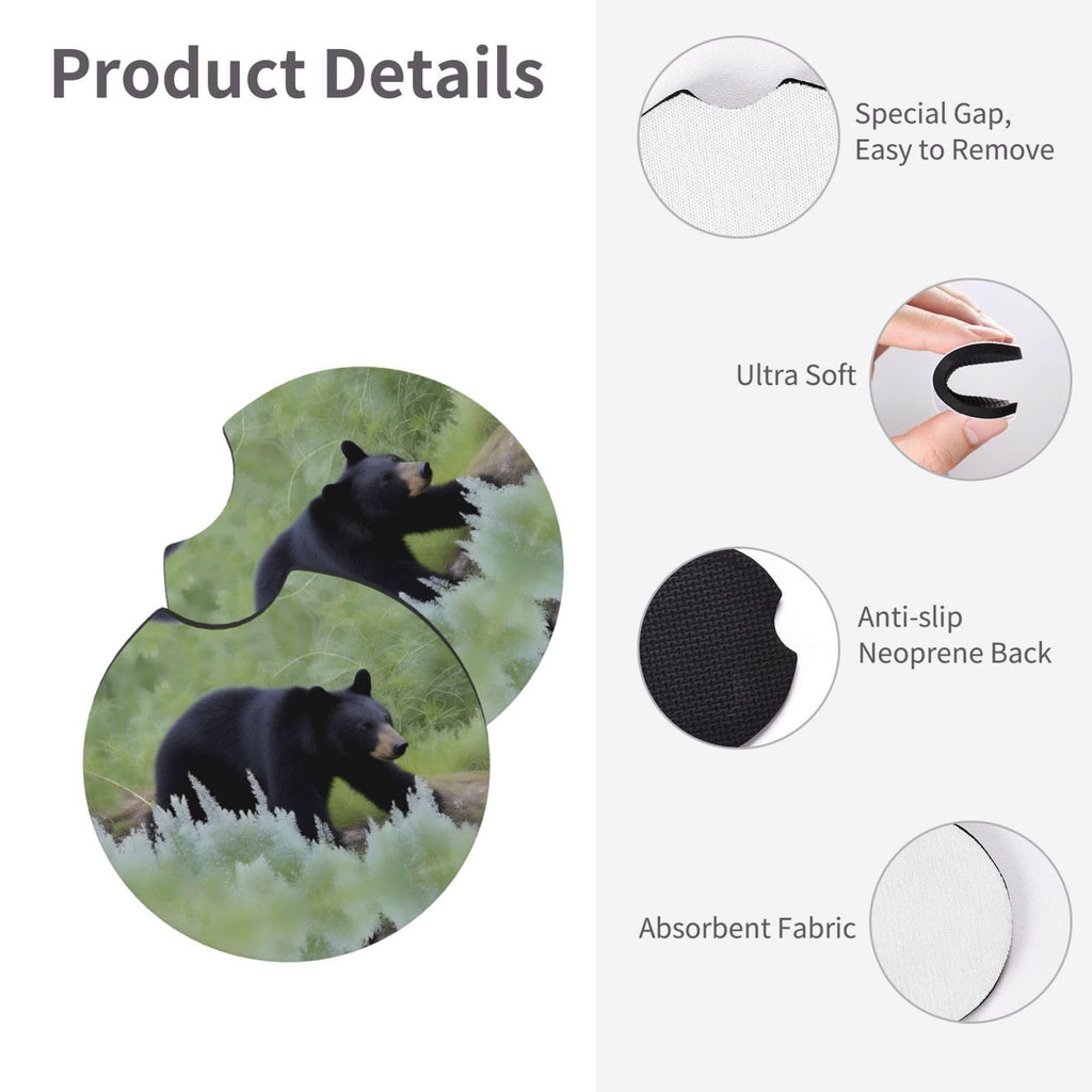 Black Bear Pattern Rubber Car Coasters Set of 2 A6726