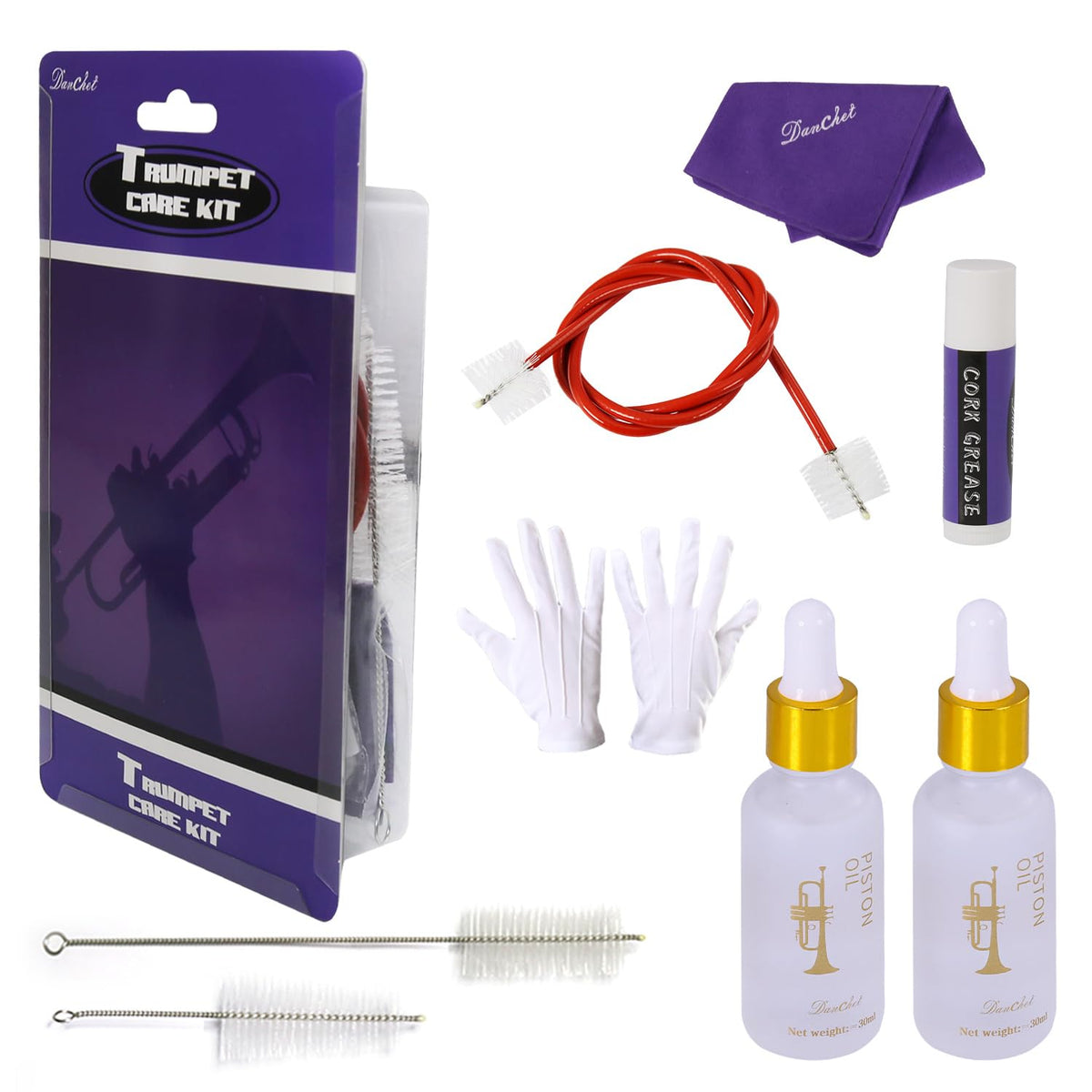 Trumpet Cleaning and Maintenance Kit with Valve Oil, Cork Grease, Cleaning Cloth, Mouthpiece, Cleaning Brush, Gloves K608