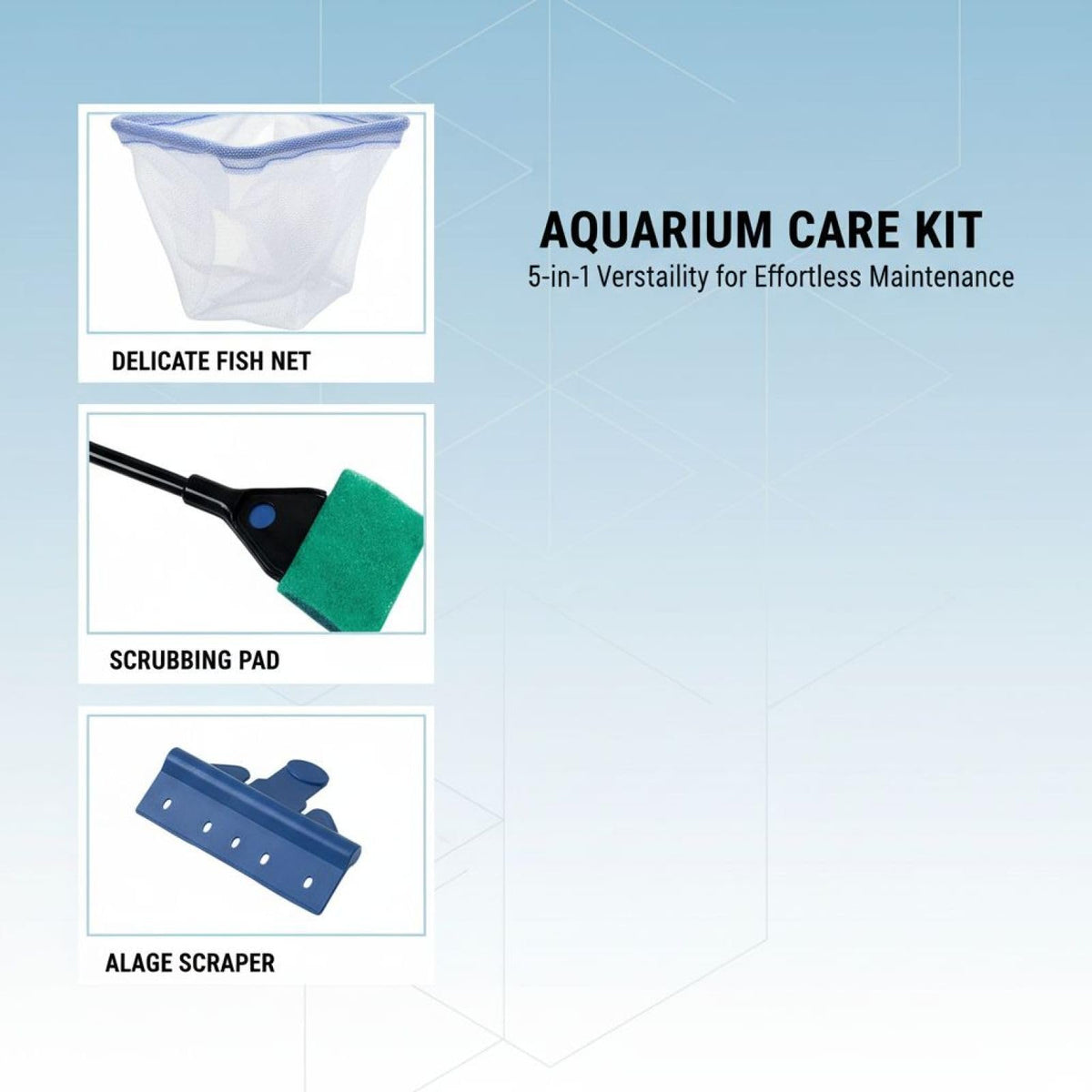 5 in 1 Aquarium Cleaning Kit with Algae Scraper Gravel Rake Fish Net and Brush N591