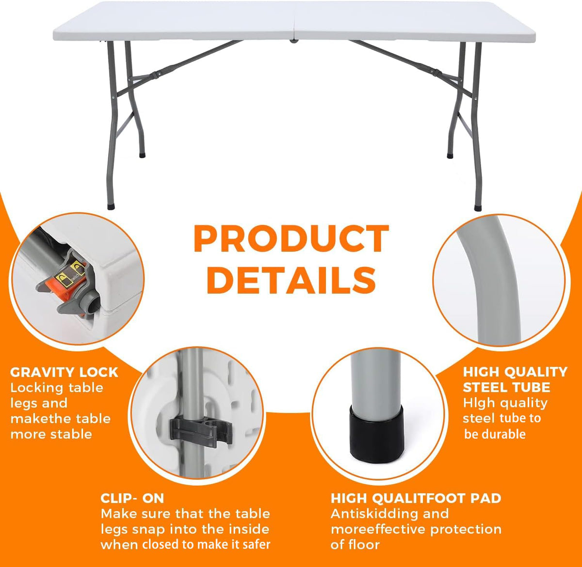 White 6FT Folding Plastic Utility Table with Steel Legs Q416709
