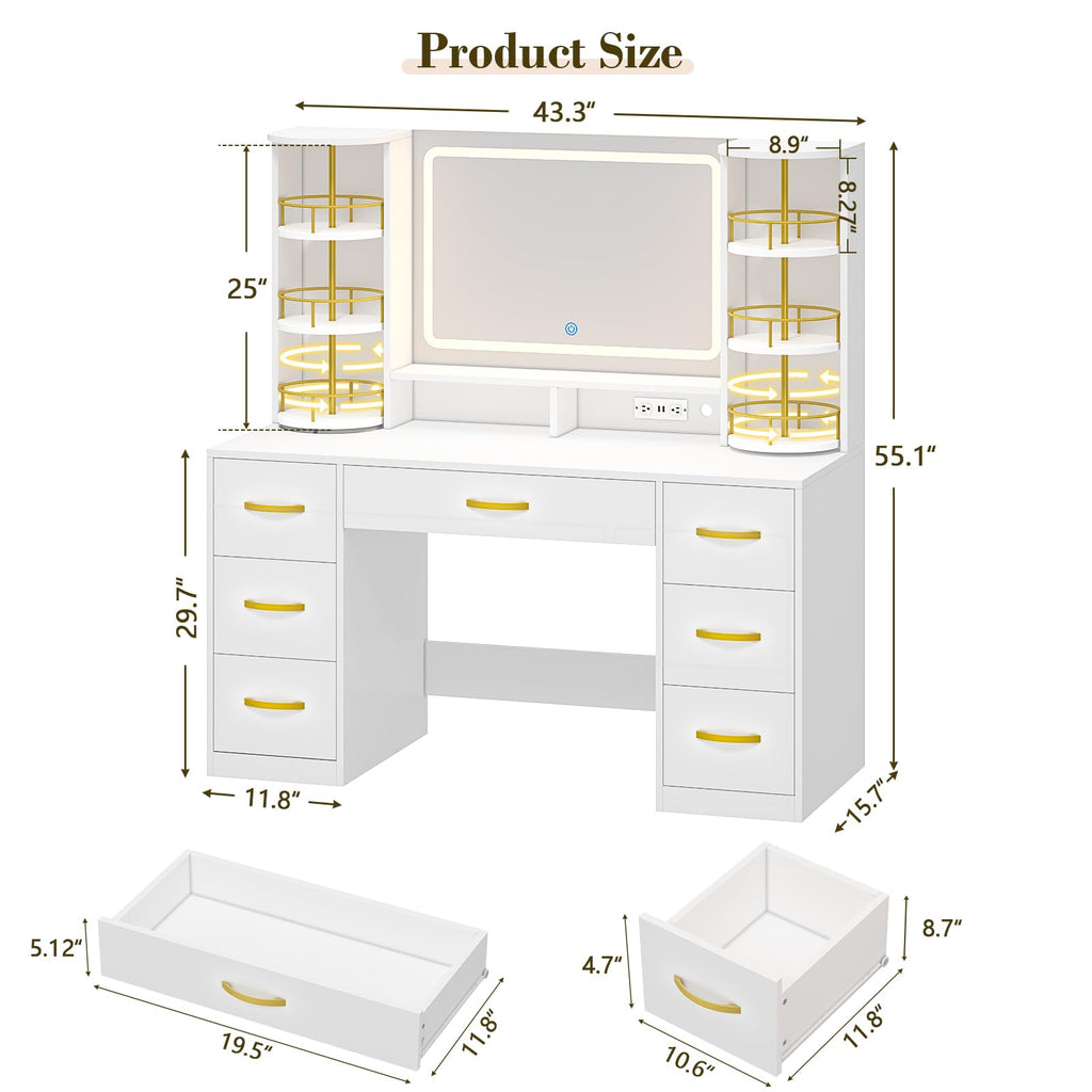 Vanity Desk with Mirror and Lights, 7 Drawers V313