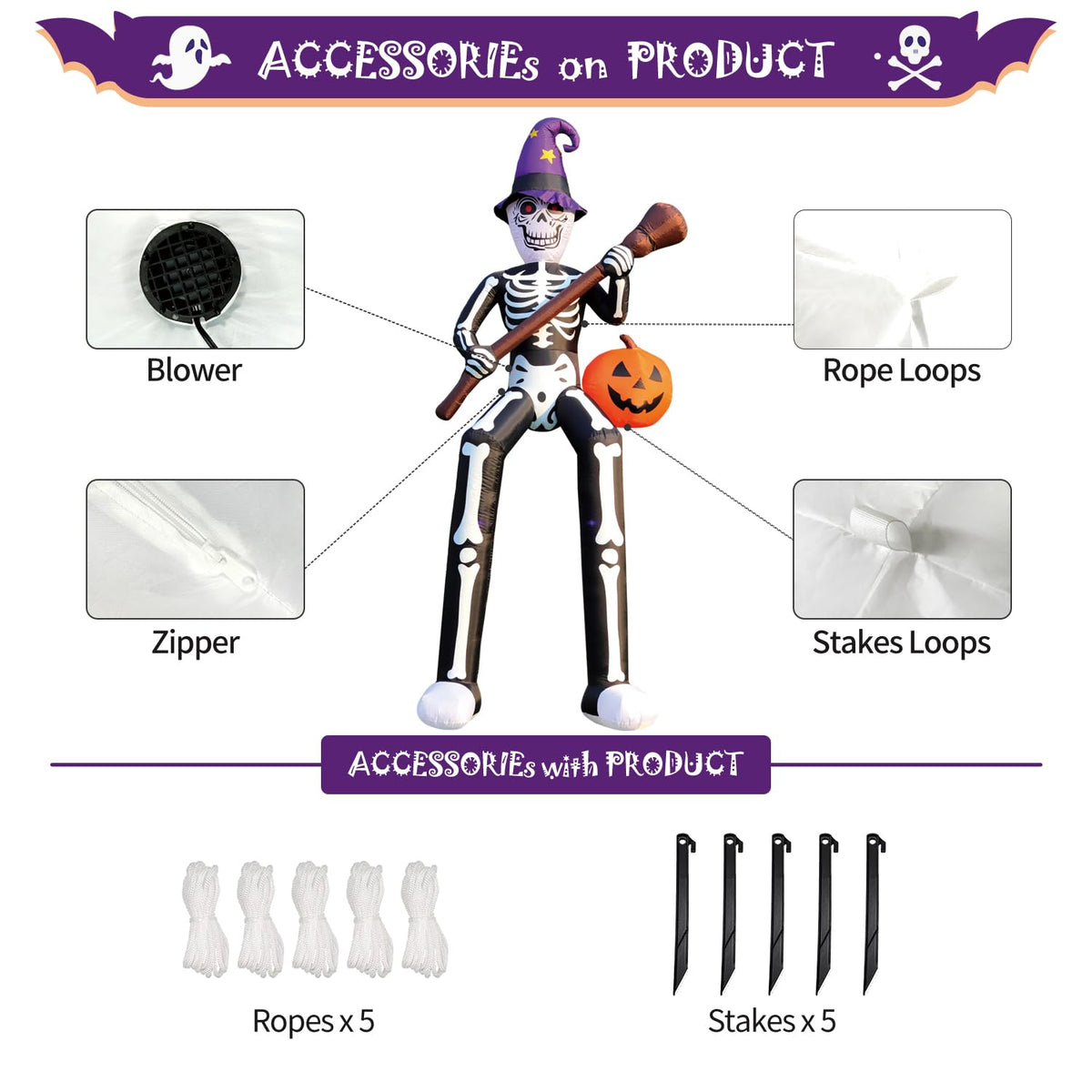 12 FT Halloween Inflatable Skeleton Wizard with Broom & Pumpkin U1074