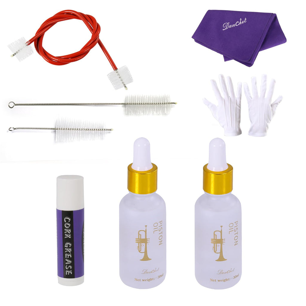 Trumpet Cleaning and Maintenance Kit with Valve Oil, Cork Grease, Cleaning Cloth, Mouthpiece, Cleaning Brush, Gloves K608