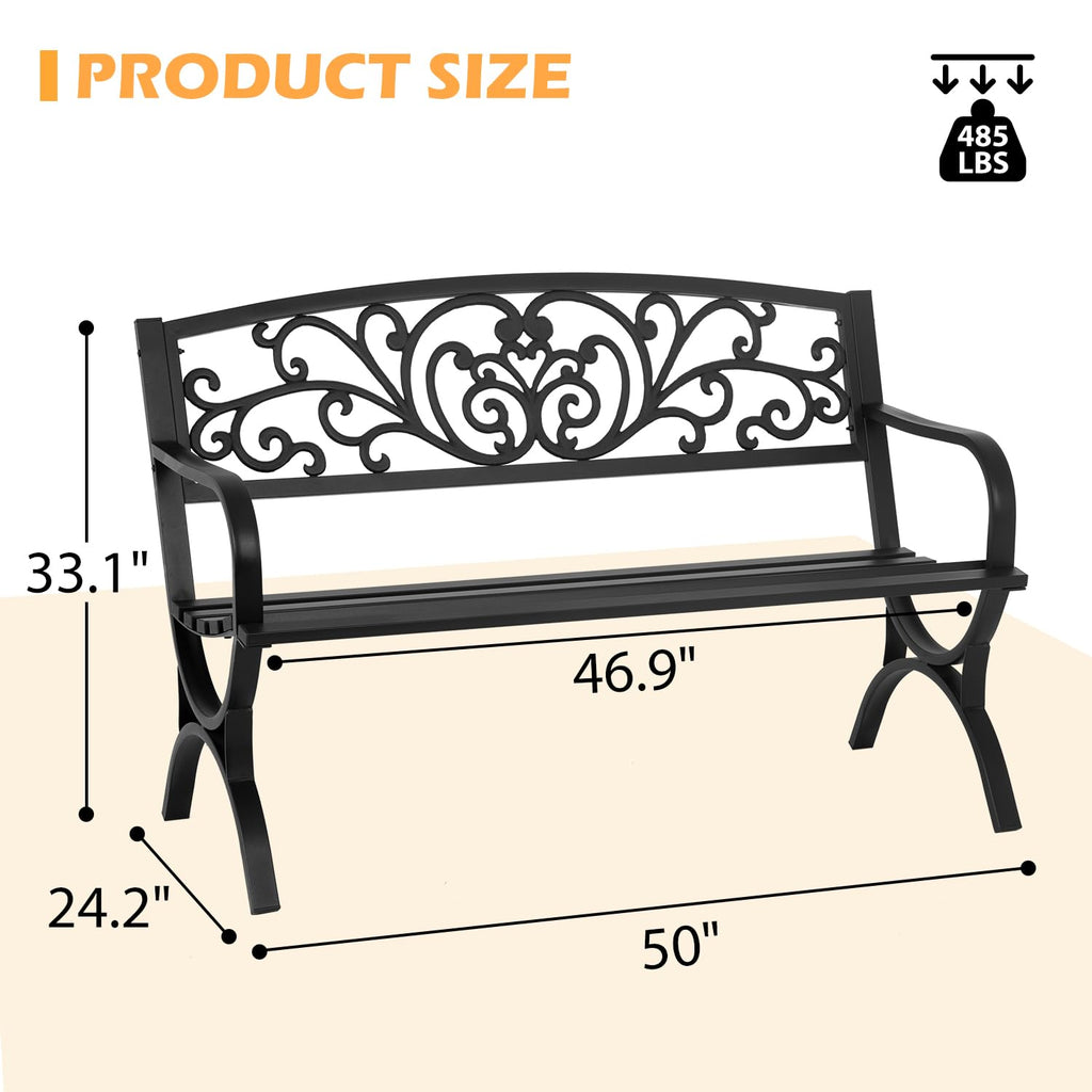 50" Outdoor Garden Bench Black 480lbs Load Capacity H6529