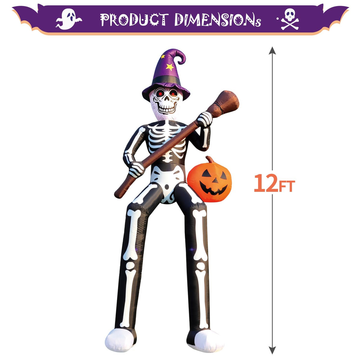 12 FT Halloween Inflatable Skeleton Wizard with Broom & Pumpkin U1074