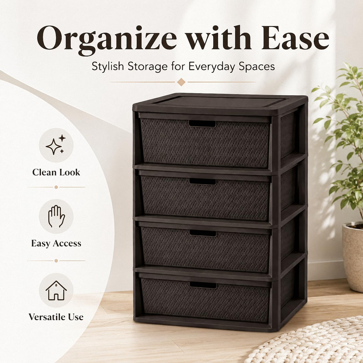 4 Drawer Plastic Storage Tower with Brown Weave Bins T64796