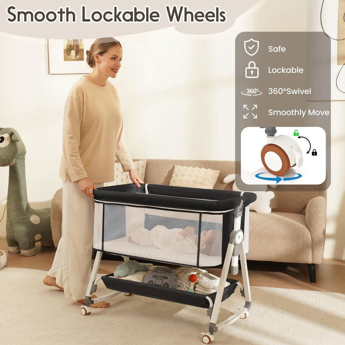 3 in 1 Baby Bassinets Bedside Sleeper with Storage Basket L565056