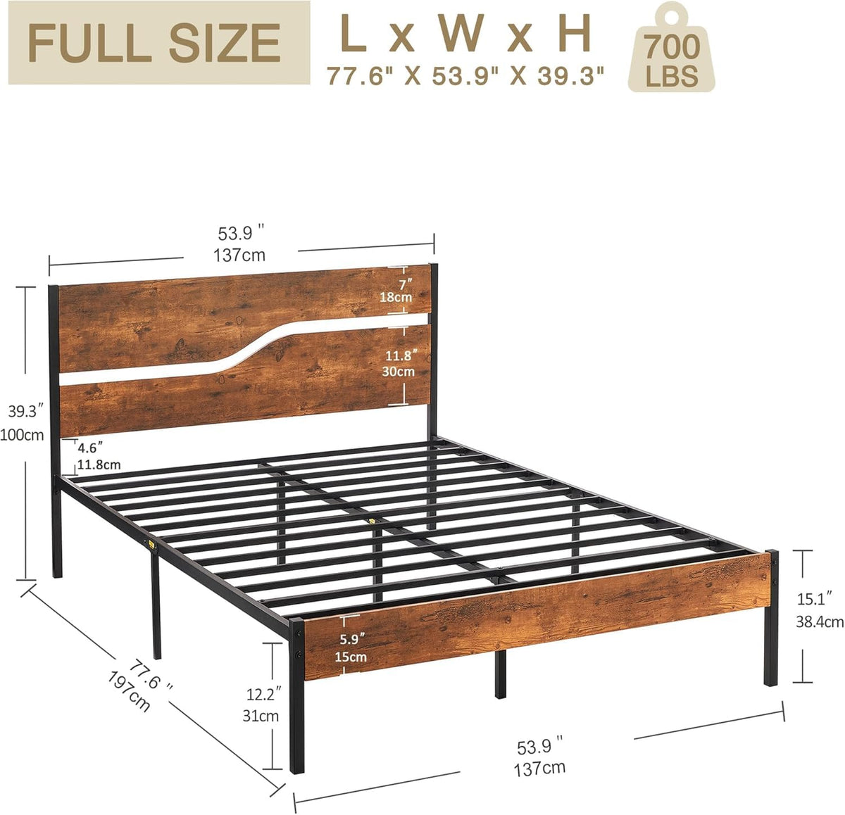 Full Size Metal Platform Bed with Wooden Headboard and Footboard S211