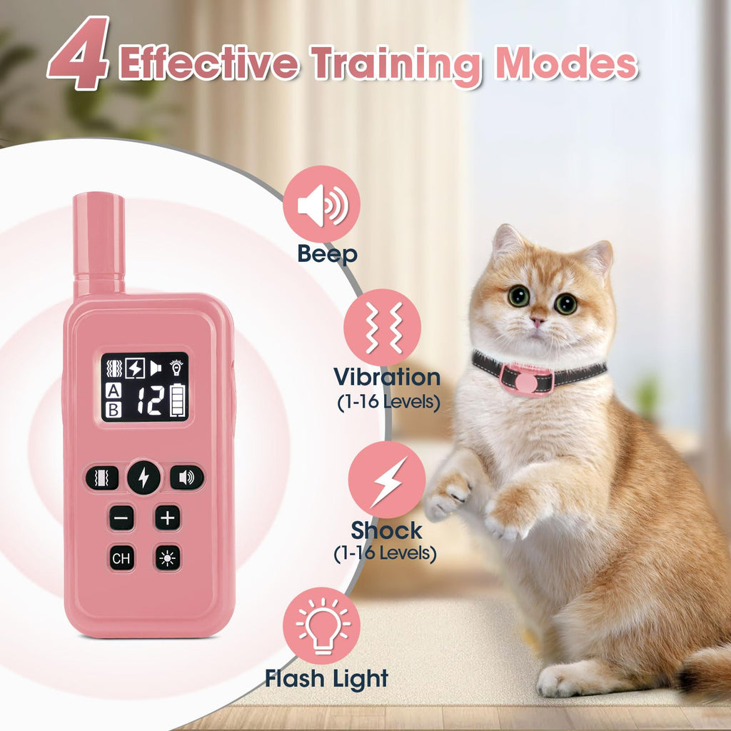 Cat Training Collar with Remote Shock Vibration Beep 3 Modes Waterproof Rechargeable Pink A2264