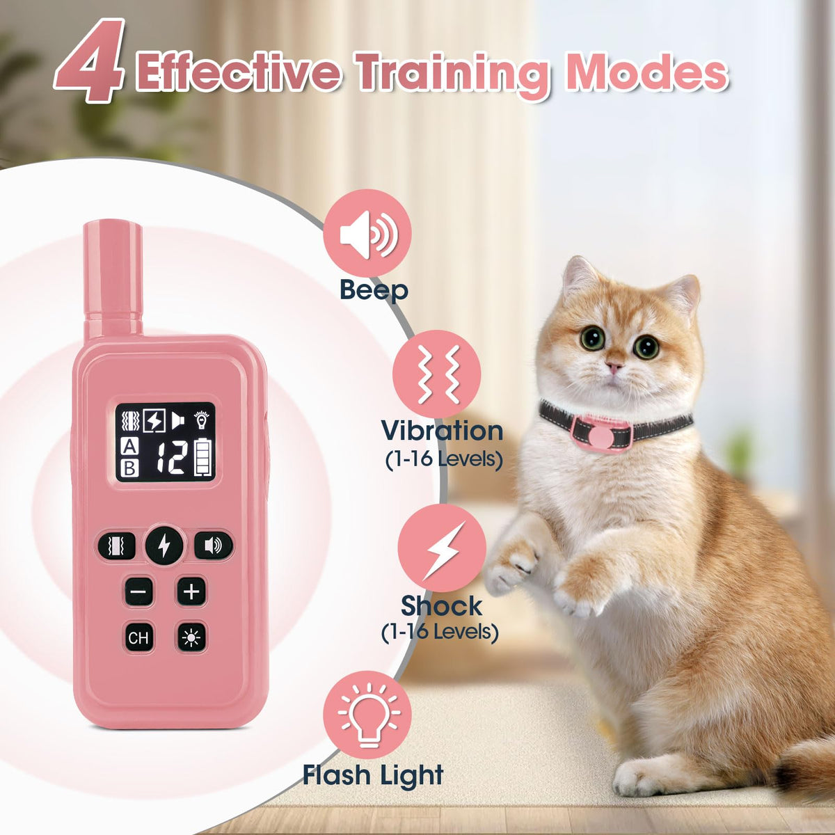 Cat Training Collar with Remote Shock Vibration Beep 3 Modes Waterproof Rechargeable Pink A2264