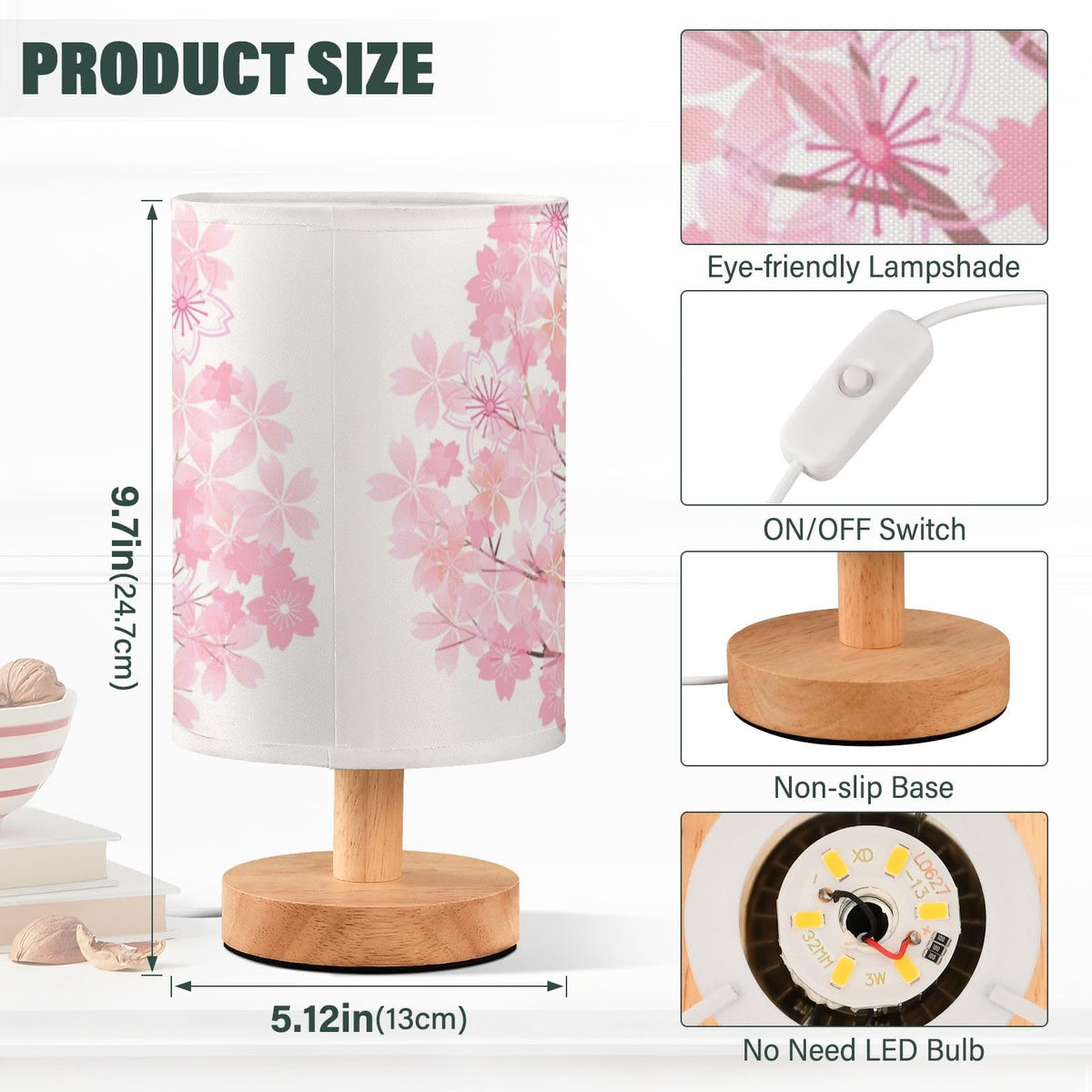 Pink Cherry Blossom Table Lamp with Wood Base Fabric Shade M52060