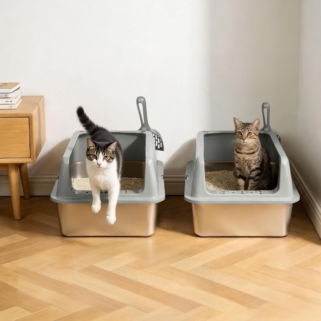 2 Pack Large Semi-Enclosed Stainless Steel Cat Litter Box with Lid G816743
