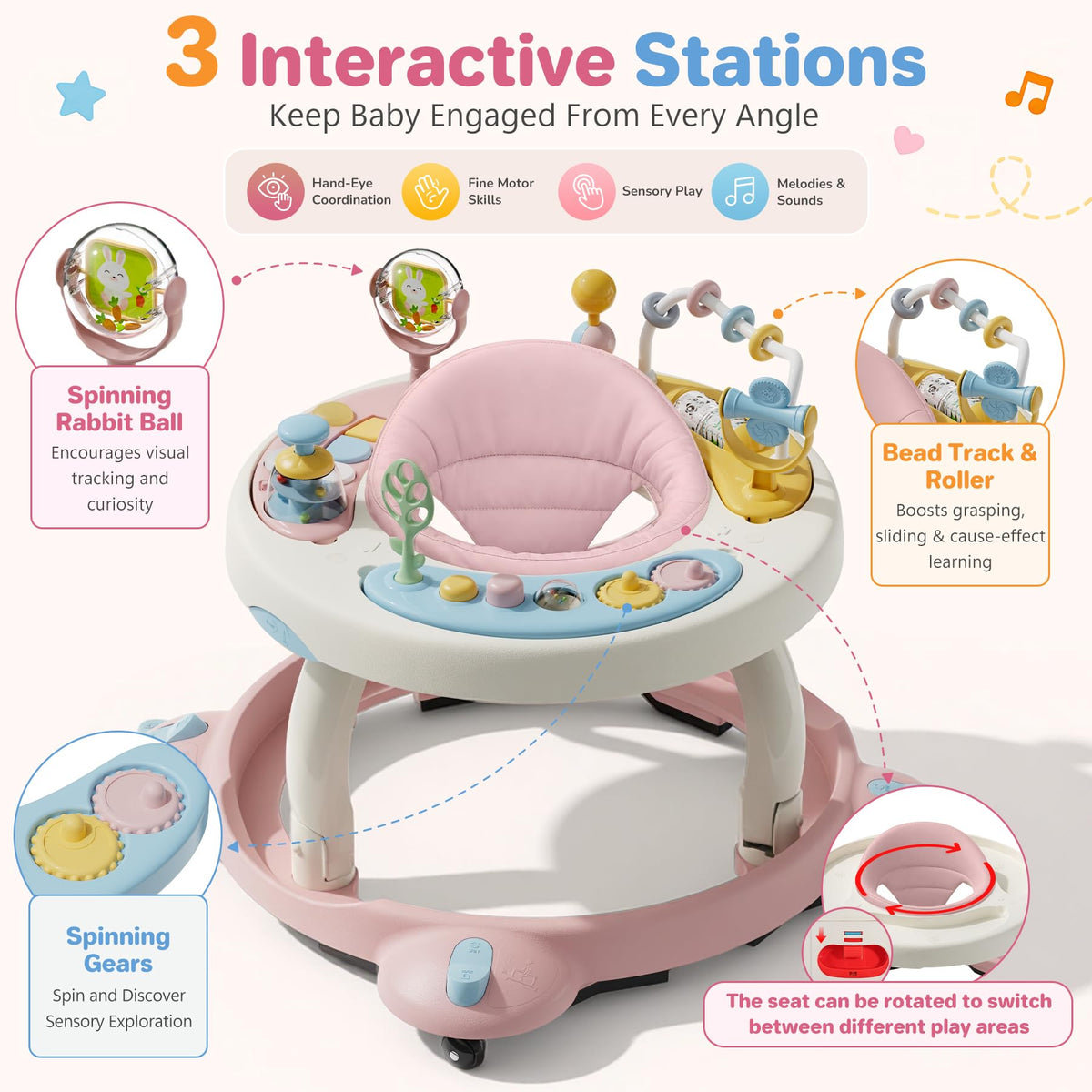 Foldable Baby Walker with Wheels and Rotating Seat O747