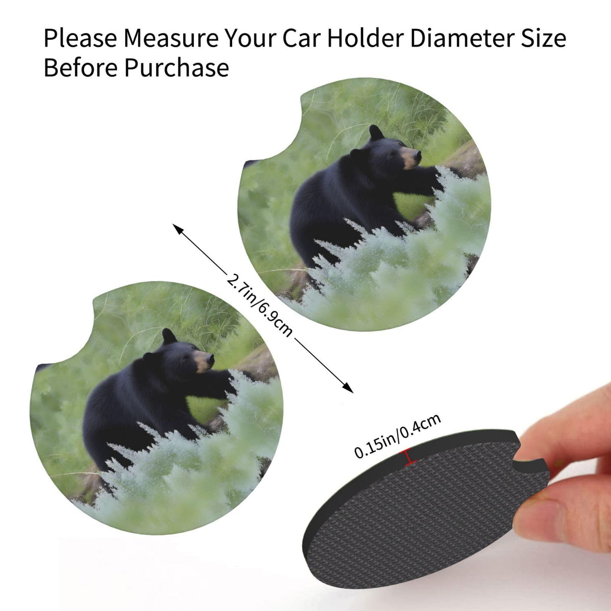 Black Bear Pattern Rubber Car Coasters Set of 2 A6726