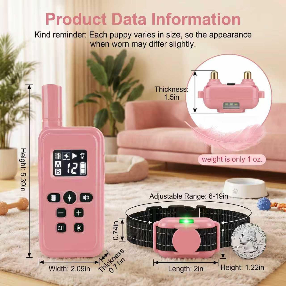 Cat Training Collar with Remote Shock Vibration Beep 3 Modes Waterproof Rechargeable Pink A2264
