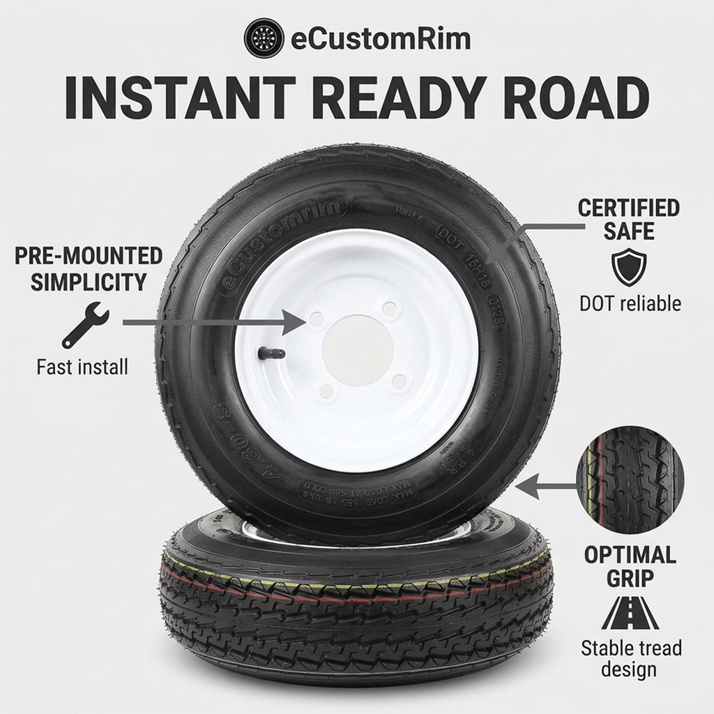 2-Pack Trailer Tire Rim Assembly 4.80-8 4 Lug White T4805
