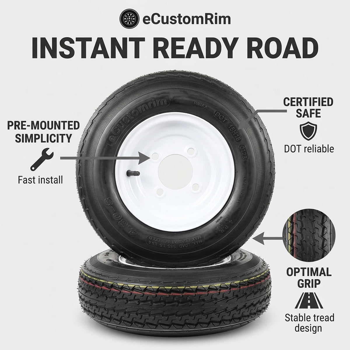2-Pack Trailer Tire Rim Assembly 4.80-8 4 Lug White T4805
