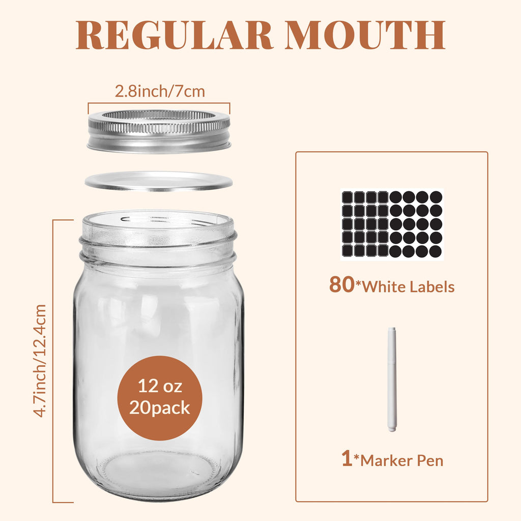 20 Pcs 12oz Glass Mason Jars With Lids S50899