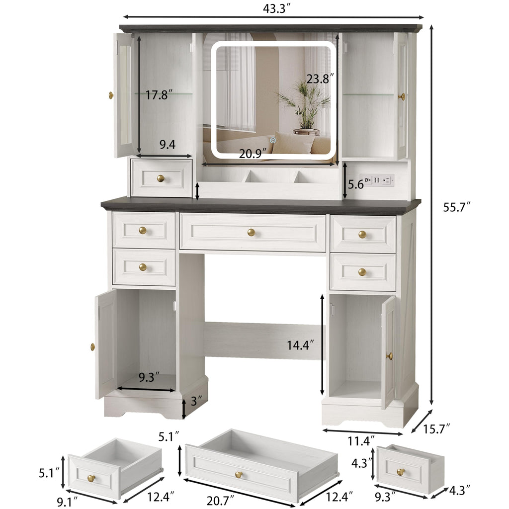 White Makeup Vanity Desk with Mirror and LED Lights K8345
