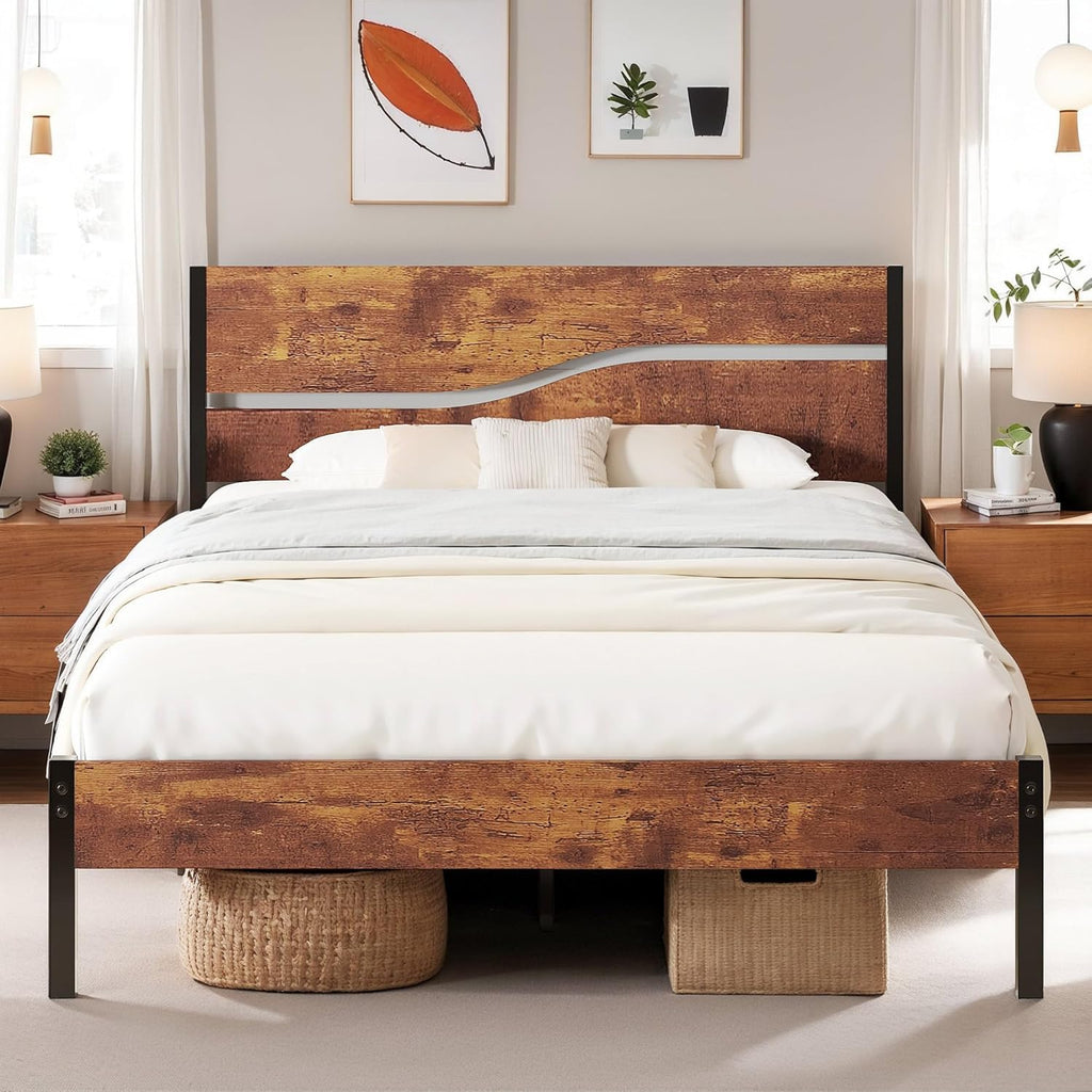 Full Size Metal Platform Bed with Wooden Headboard and Footboard S211