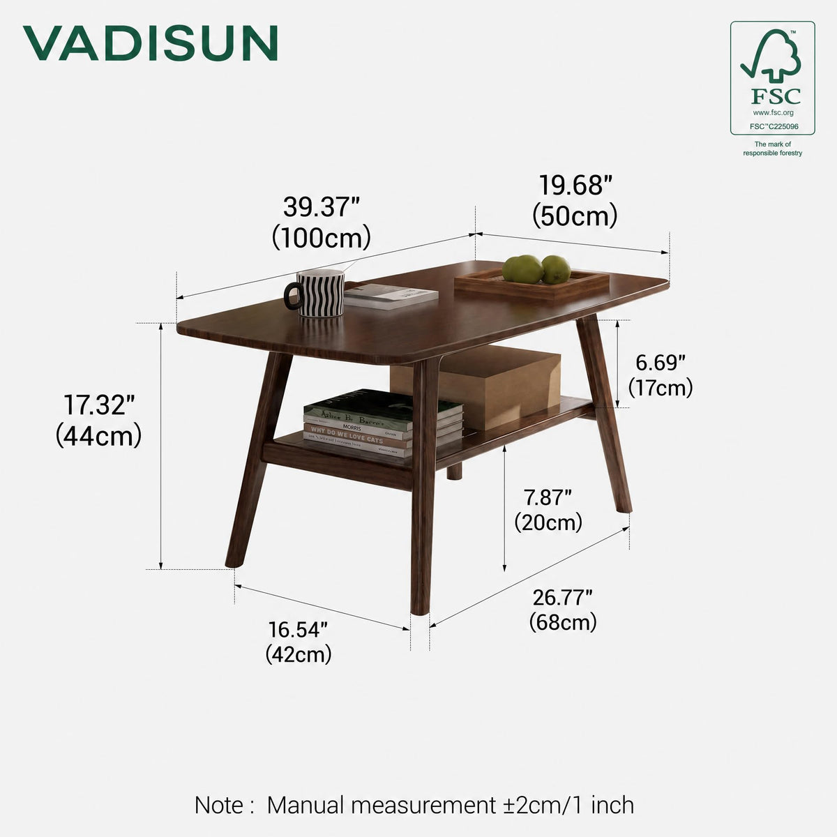 Solid Wood 2-Tier Coffee Table with Shelf Storage S8215