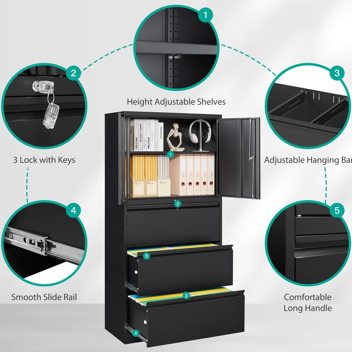 Black 3 Drawer Metal File Cabinet with Lock and Shelf X41363