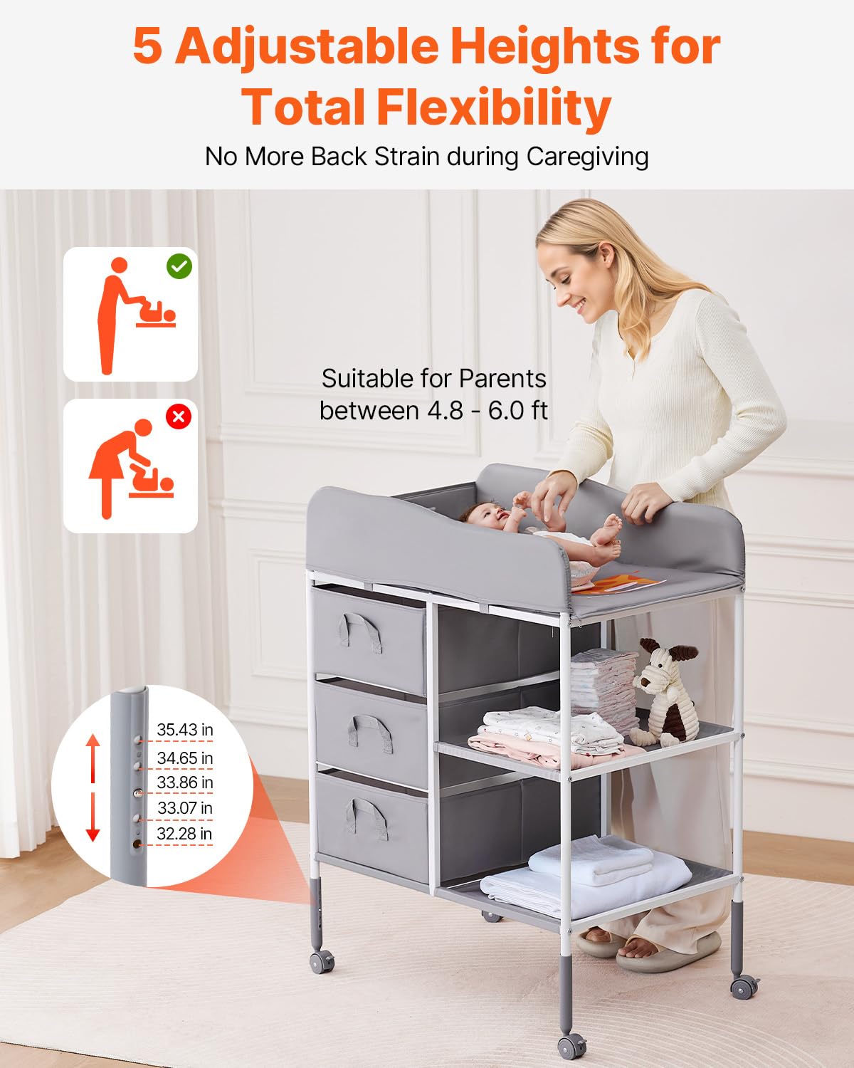 Adjustable Height Baby Changing Table with 3 Fabric Drawers T473