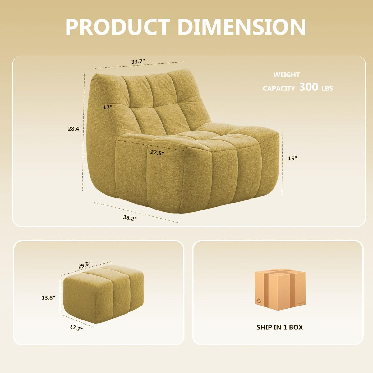 Yellow Memory Foam Bean Bag Chair with Ottoman N282482