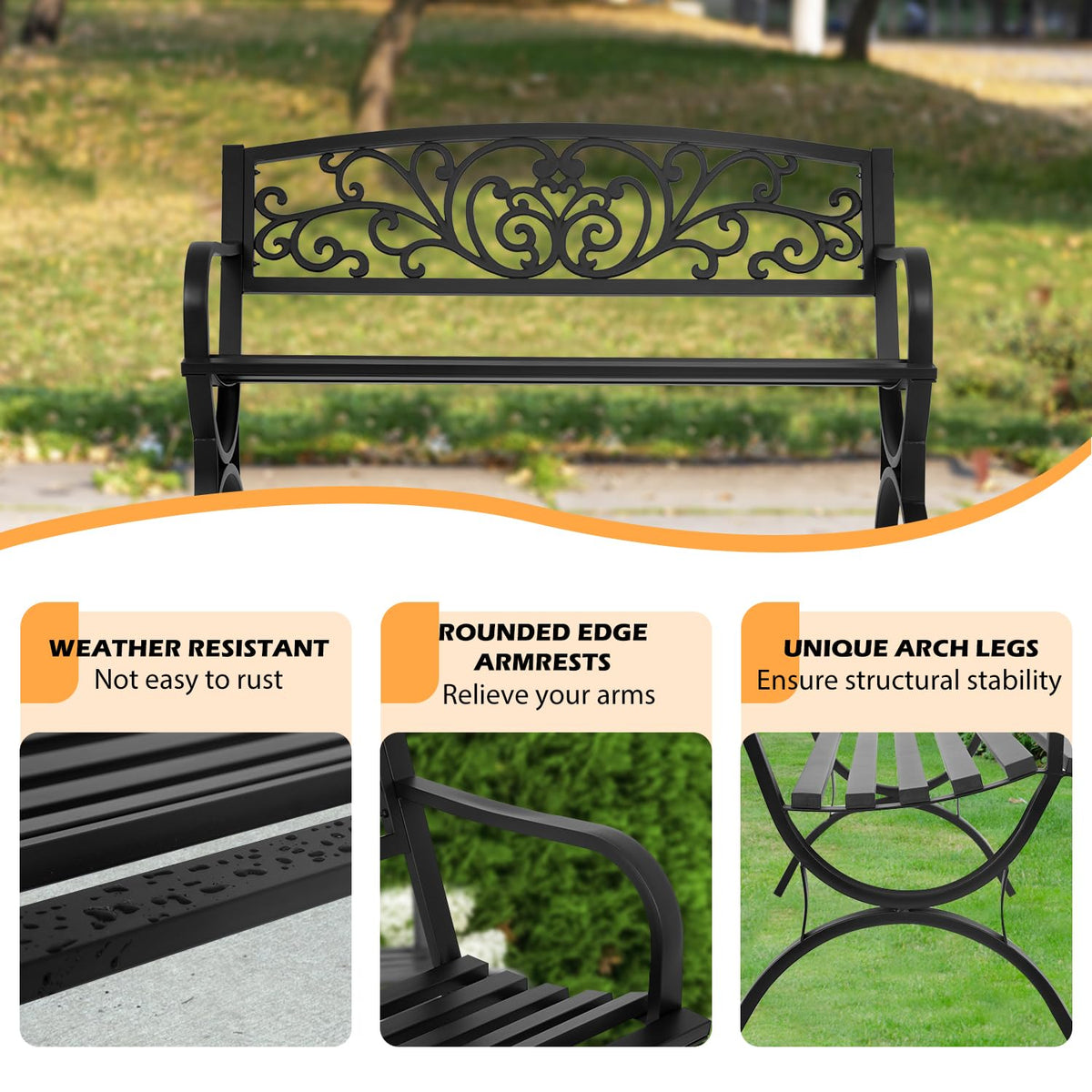 50" Outdoor Garden Bench Black 480lbs Load Capacity H6529