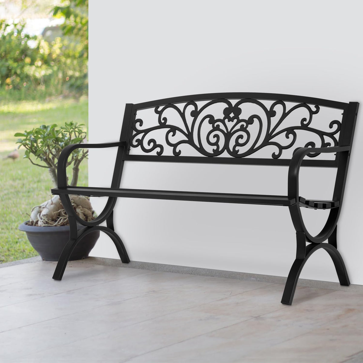 50" Outdoor Garden Bench Black 480lbs Load Capacity H6529