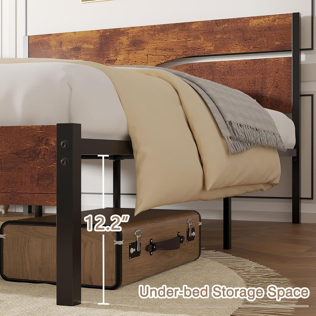 Full Size Metal Platform Bed with Wooden Headboard and Footboard S211