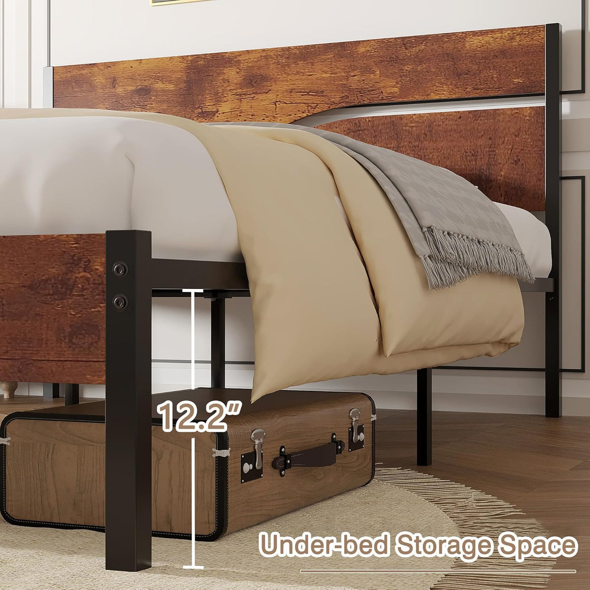 Full Size Metal Platform Bed with Wooden Headboard and Footboard S211