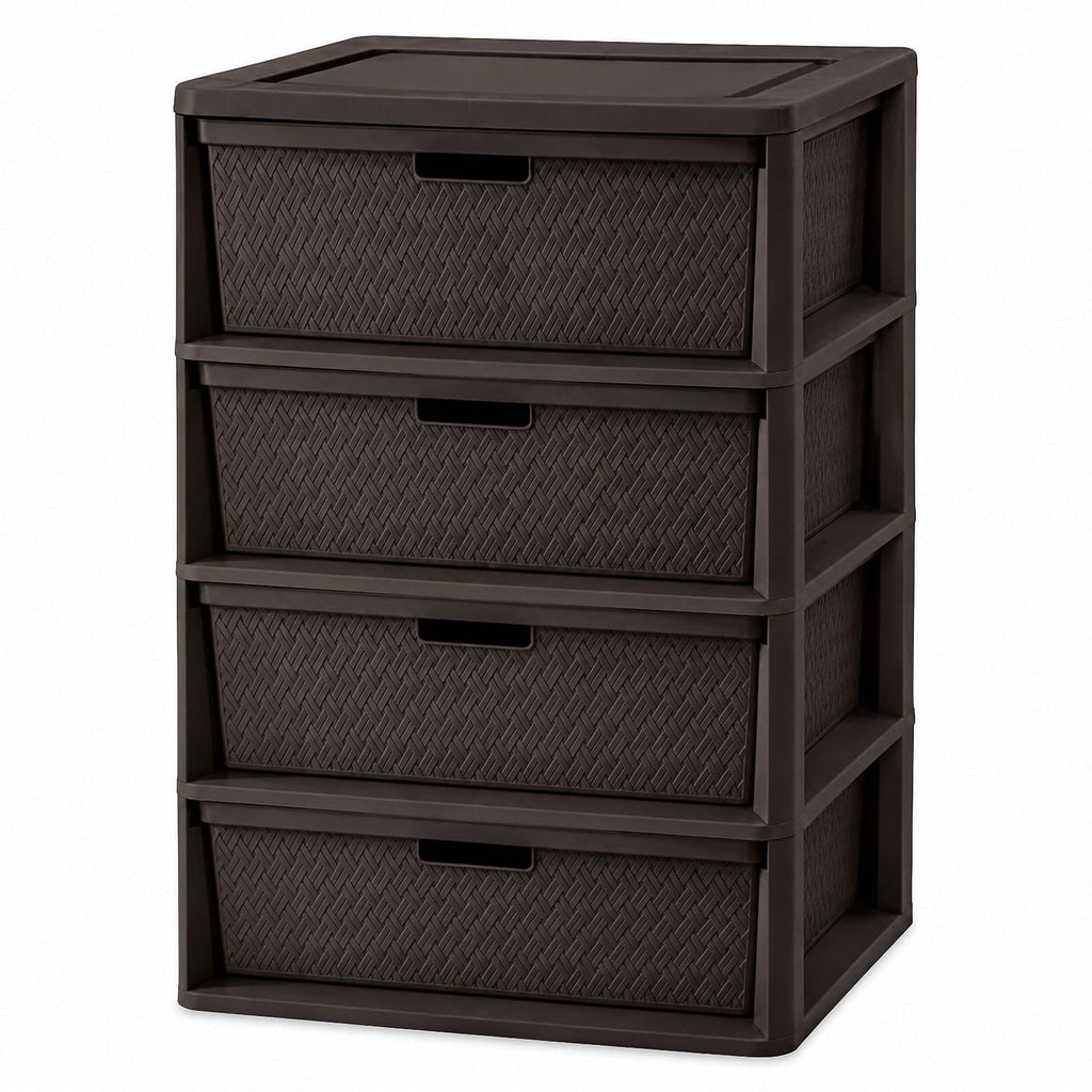 4 Drawer Plastic Storage Tower with Brown Weave Bins T64796