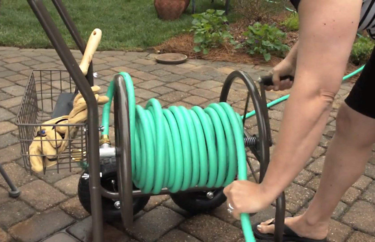 Four Wheel 250 Foot Capacity Steel Frame Water Hose Reel Cart with Basket M8248