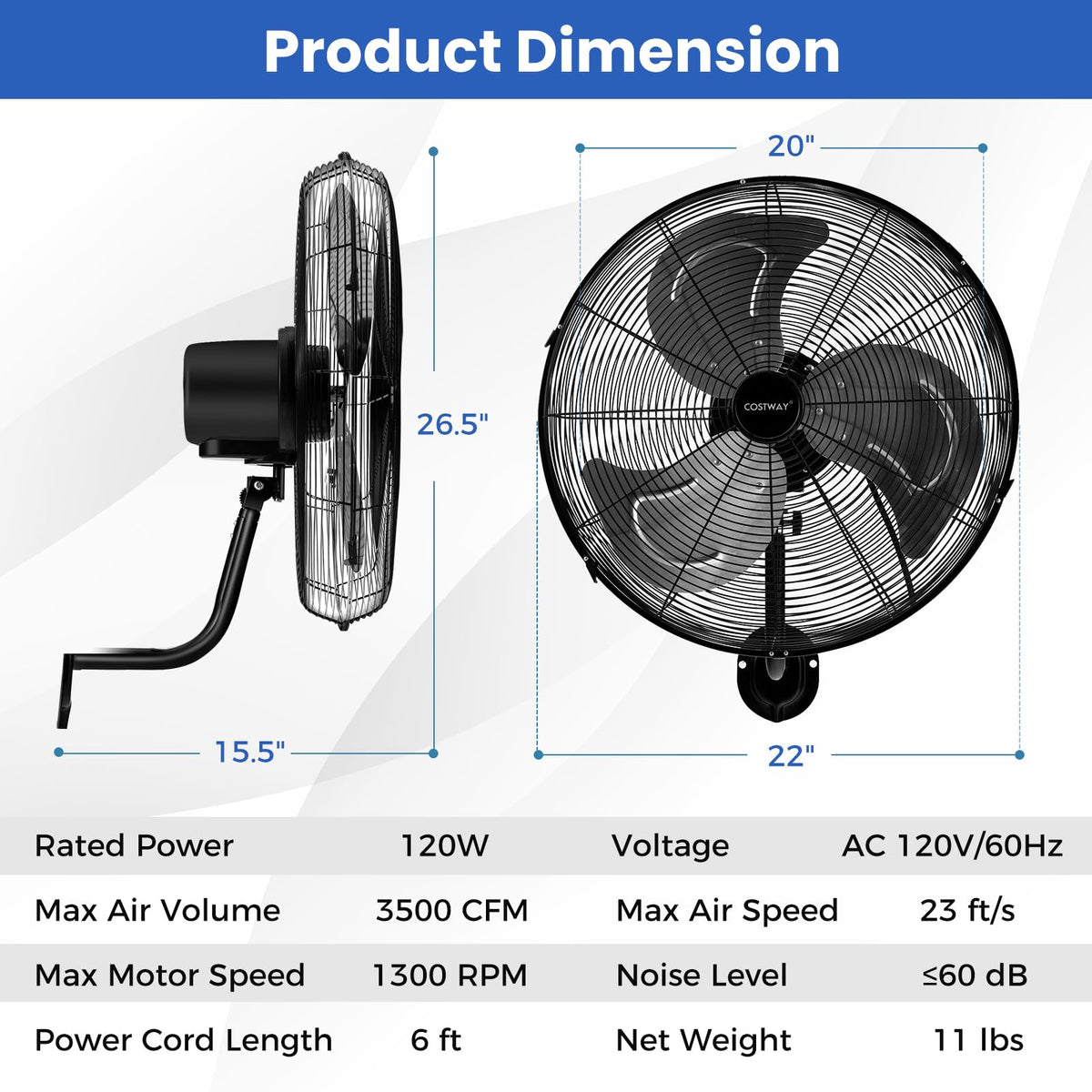 20-inch 3 Speed Metal Wall Mount Fan M66398
