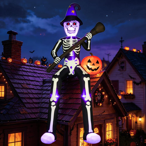 12 FT Halloween Inflatable Skeleton Wizard with Broom & Pumpkin U1074