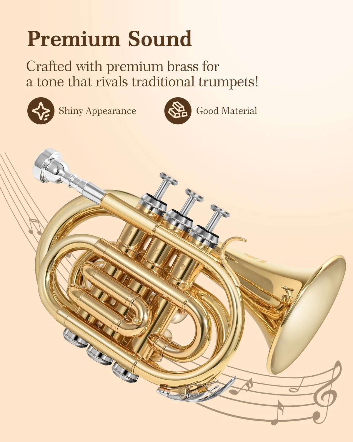 B Flat Brass Pocket Trumpet with 7C Mouthpiece and Hard Case U820356