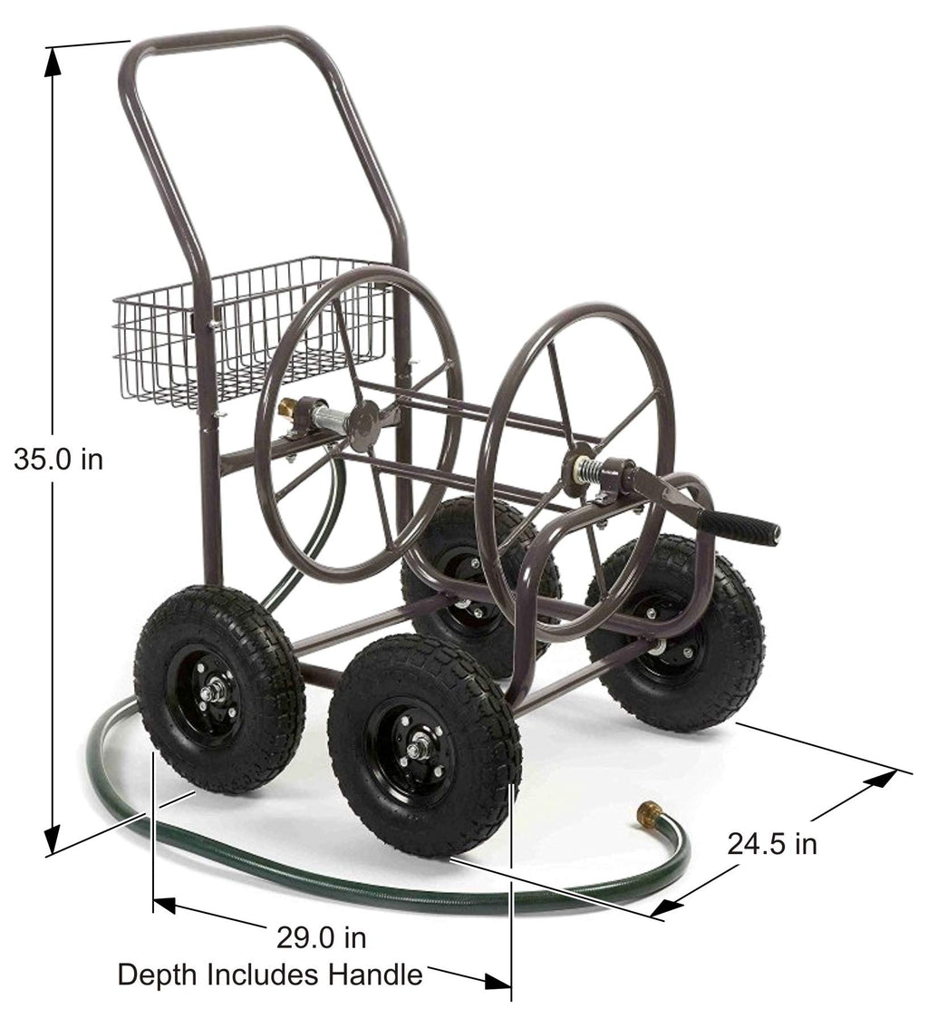 Four Wheel 250 Foot Capacity Steel Frame Water Hose Reel Cart with Basket M8248