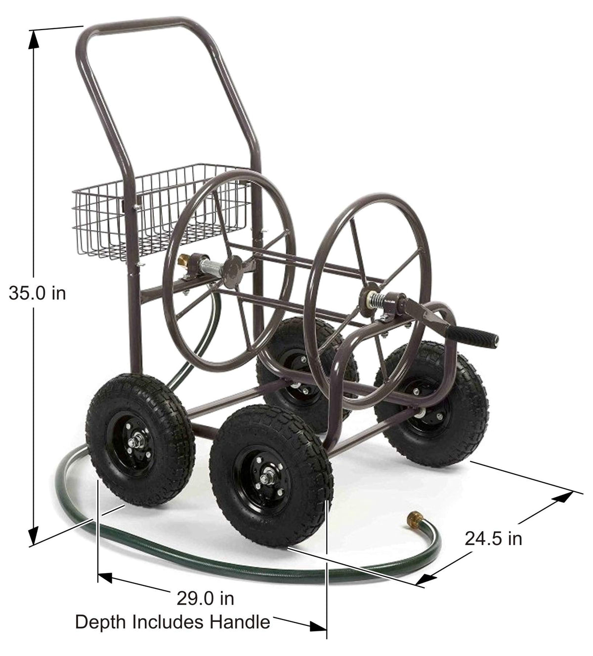Four Wheel 250 Foot Capacity Steel Frame Water Hose Reel Cart with Basket M8248