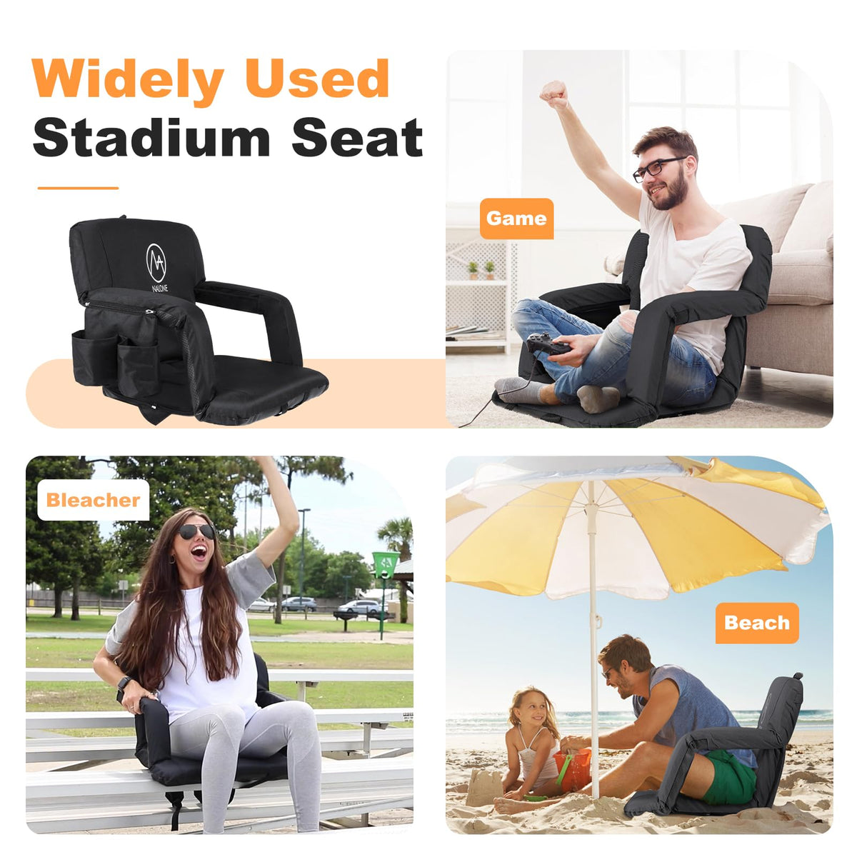 Folding Stadium Seat Set of 2, 25 inch Wide Black F485