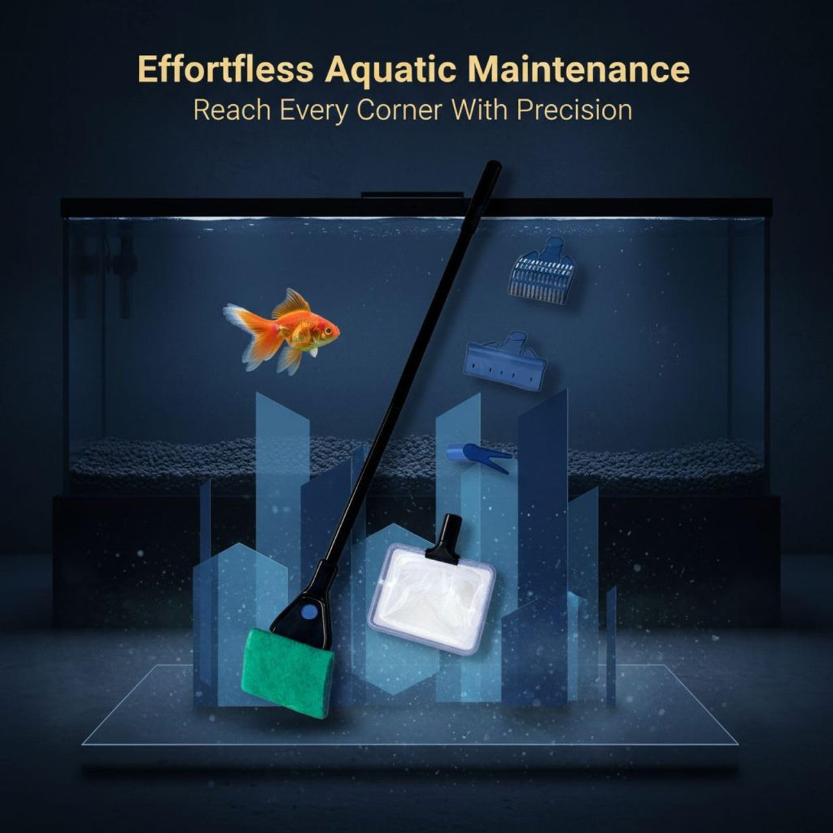5 in 1 Aquarium Cleaning Kit with Algae Scraper Gravel Rake Fish Net and Brush N591