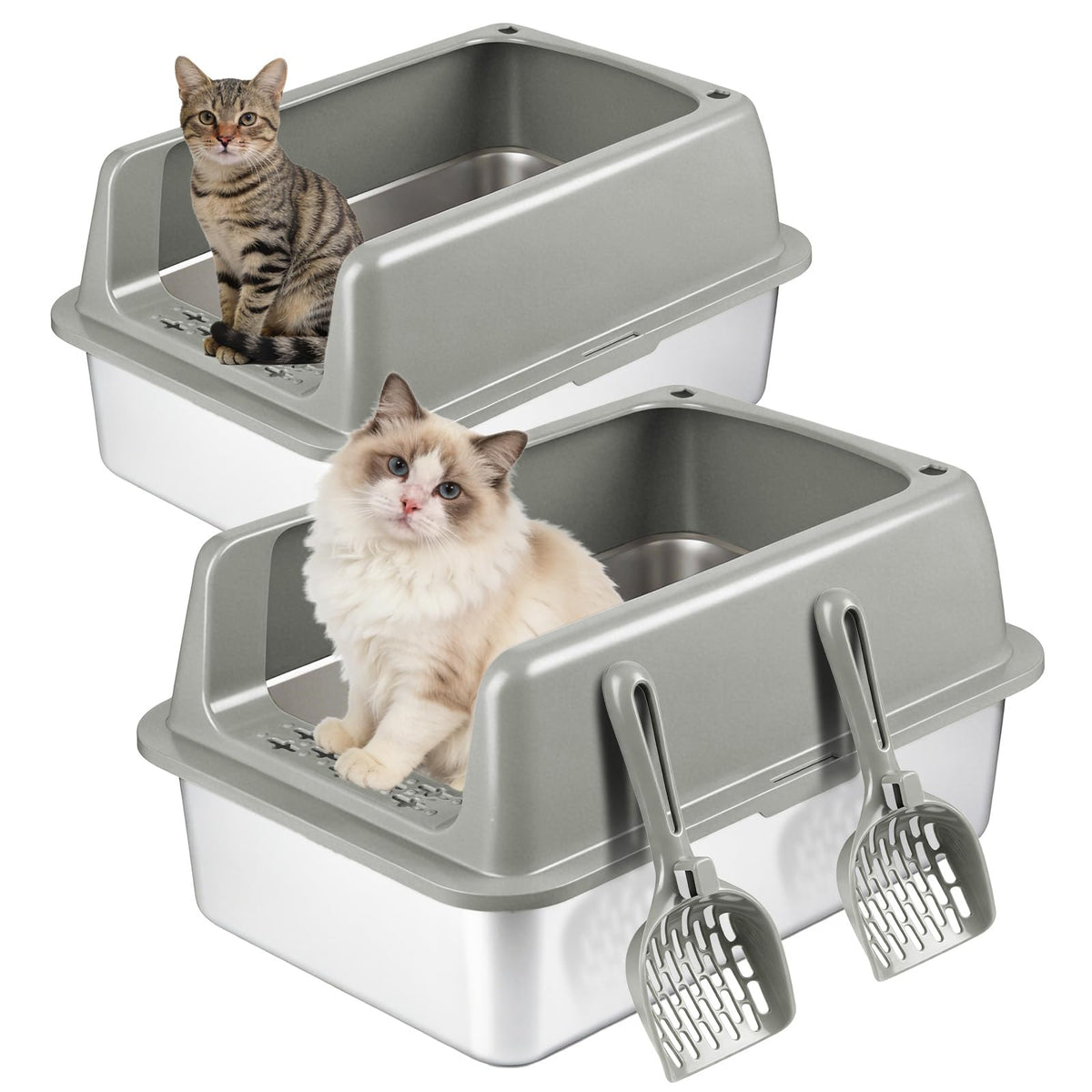 2 Pack Large Semi-Enclosed Stainless Steel Cat Litter Box with Lid G816743