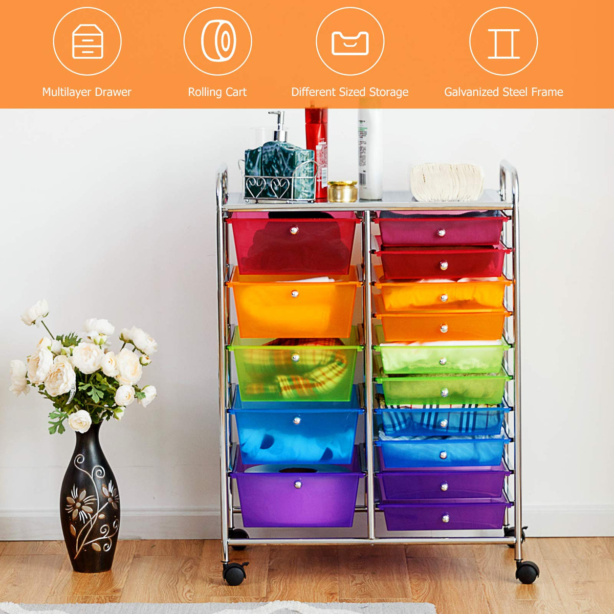15 Drawer Rolling Storage Cart with Removable Drawers K429