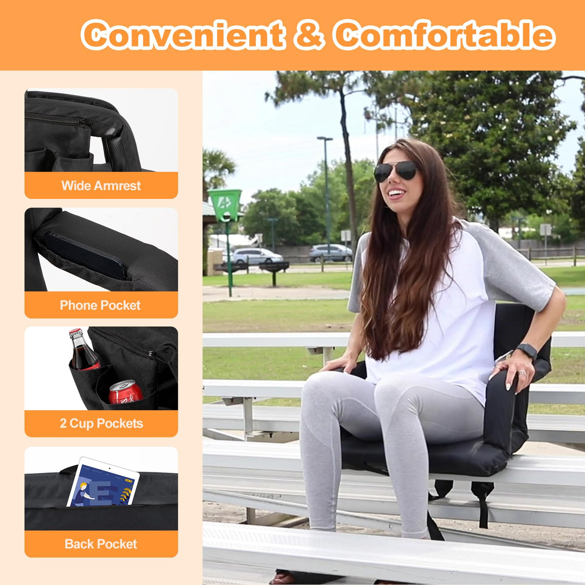 Folding Stadium Seat Set of 2, 25 inch Wide Black F485